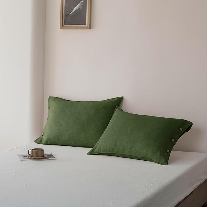 EVERLY 100% Linen Pillowcases Set of 2, French Linen from Normandy, 20X26Inch Standard Size, Natural Color, Coconut Buttons Closure, Flax Pillowshams-Pillowcase-Mossy Green