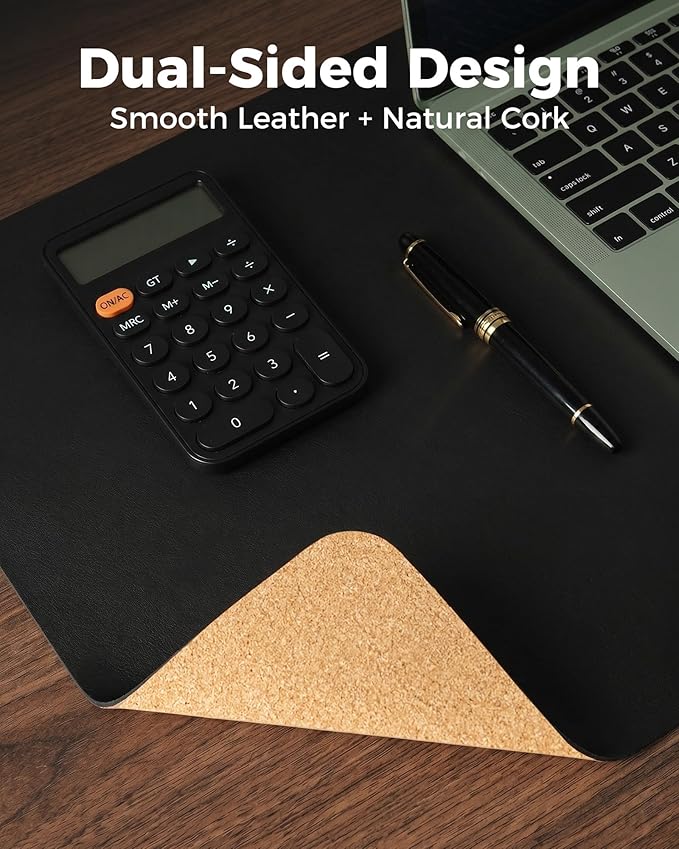 Aothia Cork Desk Mat - Dual-Sided Extra Large Desk Pad & Keyboard Mat, Long PU Leather Desk Protector, Waterproof Desktop Blotter (47" x 17", Black)
