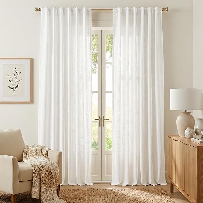 NICETOWN Thick Linen Curtains 96 inch Long 2 Panels Set, 55" Wide White Flax Linen Blend Organic Privacy Window Drapes Rod Pocket & Back Tab with Light Filtering for Bedroom/Living Room