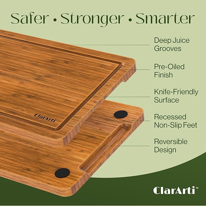 Bamboo Cutting Boards for Kitchen – Set of 3 Non-Slip Wood Cutting Boards with Juice Groove – Thick Organic Bamboo Chopping Board Set for Meat, Vegetables & Meal Prep