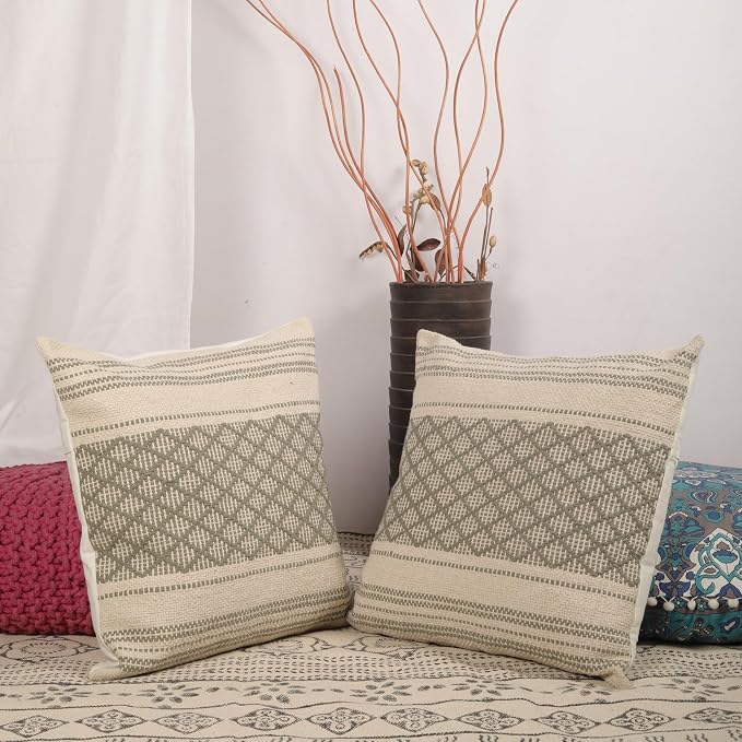 Trade Star Set of 2 Boho Throw Pillow Covers – 20x20 Handloomed 100% Cotton Cushion Covers, Rustic Farmhouse Decor for Couch, Bed, Indoor/Outdoor Use