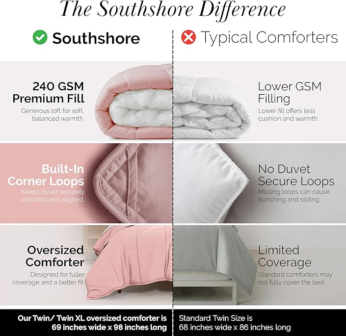 Southshore Fine Living, Inc. Twin Comforters, Oversized Bedding, Down-Alternative Pink Comforter Twin Size, Fluffy Comforter for Dorm Room, Pet Hair Resistant Bedding, Pastel Pink Comforters