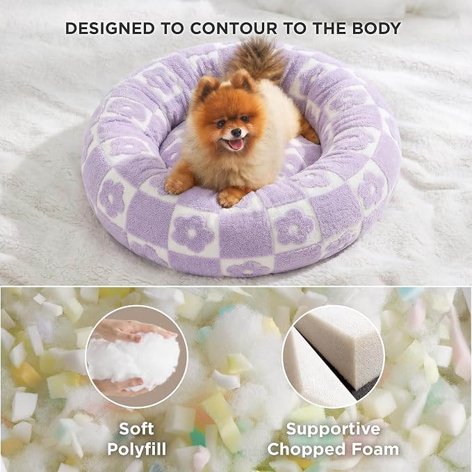 LE SURE Shown on TV Donut Dog Beds for Small Dogs - Calming Cat Sofa as Bed Gift for Indoor Cats with Washable Cover, Round Home Decor Cute Pet Beds with Jacquard Shaggy Plush, 23 Inch, Flower Checks