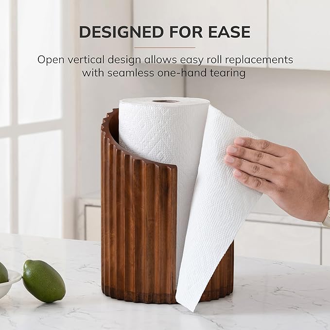Anji Mountain Wooden Paper Towel Holder Countertop with Mango Wood Round Base and Iron Holder, Holder Stand for Kitchen Roll Organizer & Kitchen Dining Table Home Decor - Walnut/Black, Fluted
