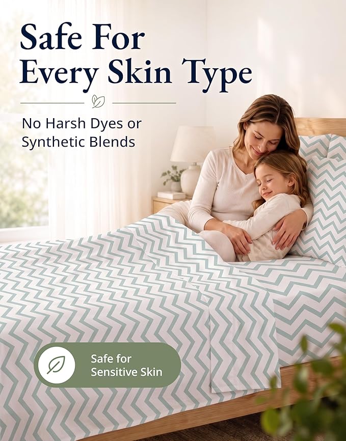 LANE LINEN 100% Organic Cotton Twin XL Fitted Sheet, 2-Piece Set (1 Fitted Sheet, 1 Pillowcase), Percale Weave, Lightweight, Soft, Breathable, Fits Mattress Upto 15' Deep - Cool Blue Chevron