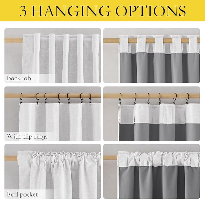 NICETOWN Linen 100% Blackout Cafe Curtains, Thermal Insulated & Noise Reducing Draperies with Grey Liner, Rod Pocket Short Drapes for Kids Room, Kitchen (52" W by 48" L, 2 Panels, Greyish White)