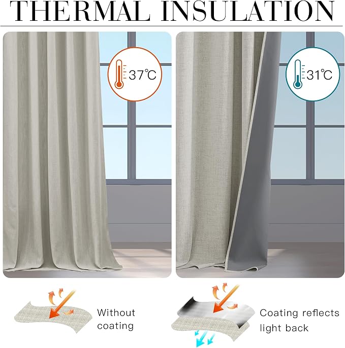 RYB HOME 100% Blackout Cream Curtains, Linen Texture Thermal Insulated Drapes for Bedroom/Living Room/Office/Nuesery, Privacy Farmhouse Full Blackout Window Treatment, W52xL96 Inch Long, 2 Panels