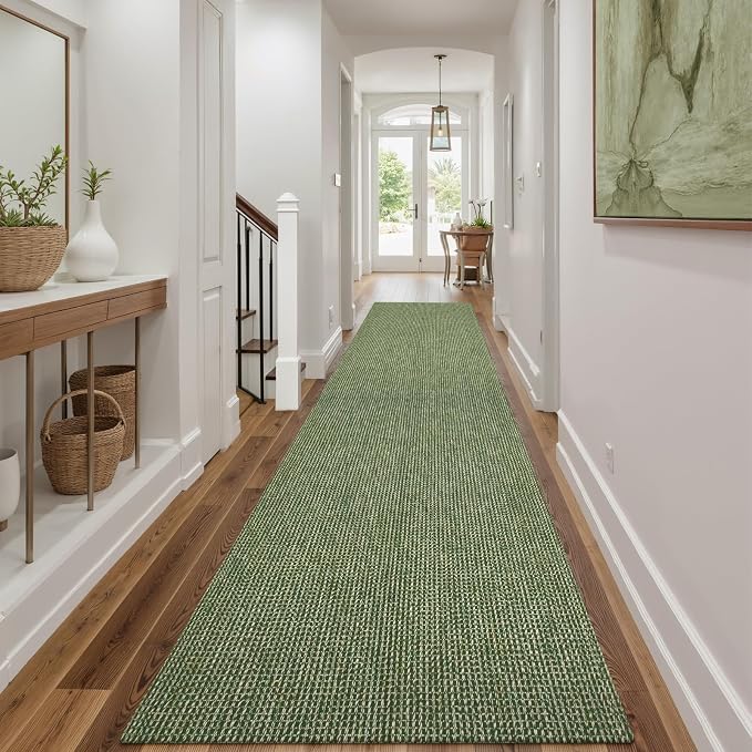 Uphome Kitchen Runner Rug, 2'6x12 Washable Boho Rug Runners for Hallways Non Slip, Low Pile Woven Cotton Modern Carpet Runners, Stain Resistant Bedroom Runner Rug for Hallway Entryway Entrance, Green