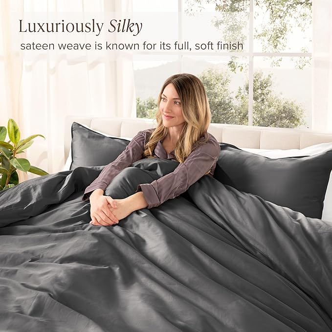 Bare Home 100% Organic Cotton Sateen Duvet Cover Set - Extra Long Size - 400 Thread Count - Smooth Sateen Weave - Warm & Luxurious - Duvet Cover (Twin/Twin XL, Grey)