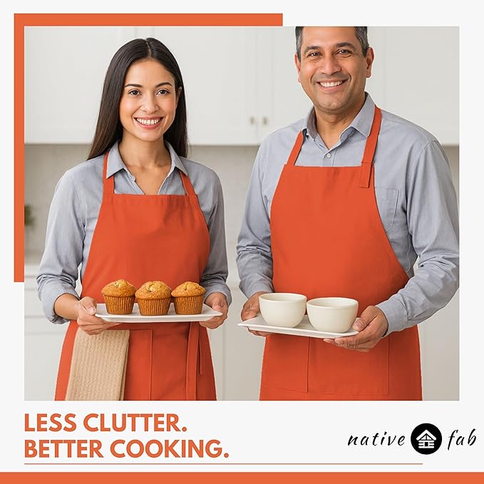 Native Fab Kitchen Apron 2 Pack - 100% Cotton Adjustable, Durable Apron with Pockets, Perfect for Cooking, Baking, Grilling