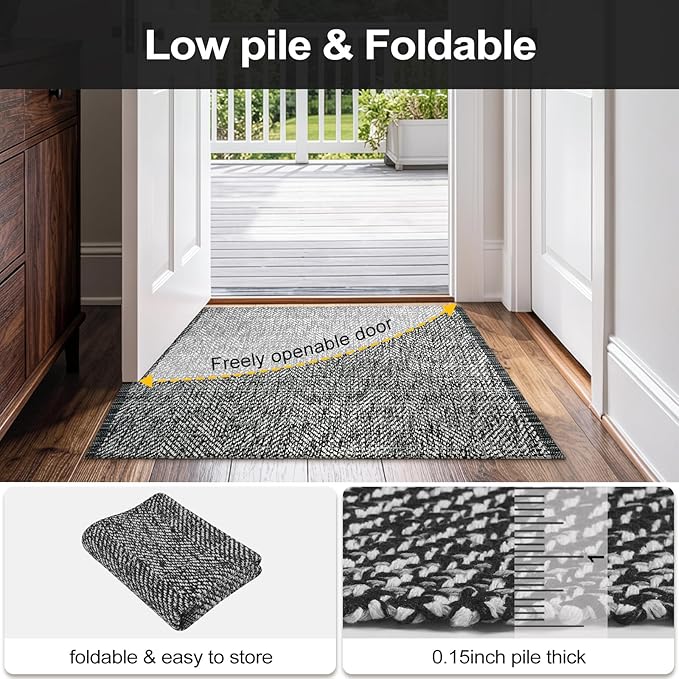 LEEVAN Washable Bathroom Rug, 2'x3' Black Woven Entryway Rug Front Door Mat Cotton Small Kitchen Rugs, Modern Reversible Laundry Room Farmhouse Carpet for Foyer Front Porch Decor