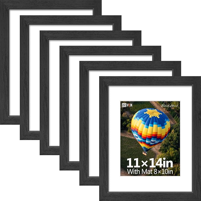 VCK 11x14 Picture Frames Black - 6 Pack, Wide Border Solid Wood, Tempered Glass, Display 8x10 Photo with Mat or 11 x 14 Without, for Home, Office, Gallery, Woodgrain Series, Wall Hanging