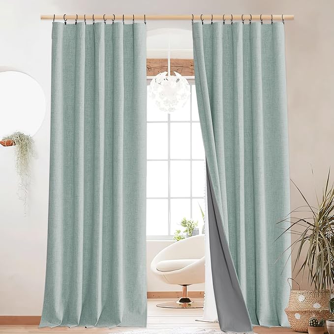 NICETOWN 100% Blackout Seafoam Green Linen Curtains 90" Length with Thermal Insulated Liners, Farmhouse Style Room Cooling Small Window Draperies for Dining Room (2 Panels, 52" W)