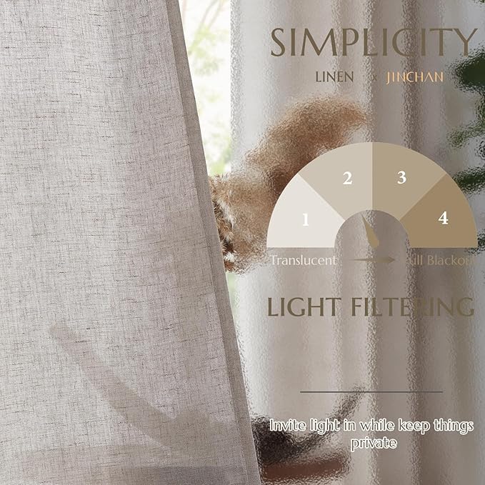jinchan Linen Curtains for Living Room Bedroom Light Filtering Semi Sheer Curtains Boho Farmhouse French Country Cottage Core Decor Window Drapes Back Tab 96 Inch Length Tassel Taupe
