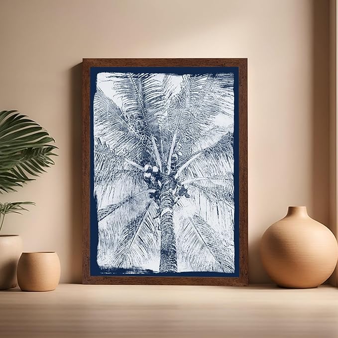 Monem Art Coastal Palm Tree Cyanotype Print - Blue and White Tropical Botanical Art Poster - Wall Decor for Beach House, Bedroom or Living Room - 16x20 Brown Framed Wall Art by Renee Stramel