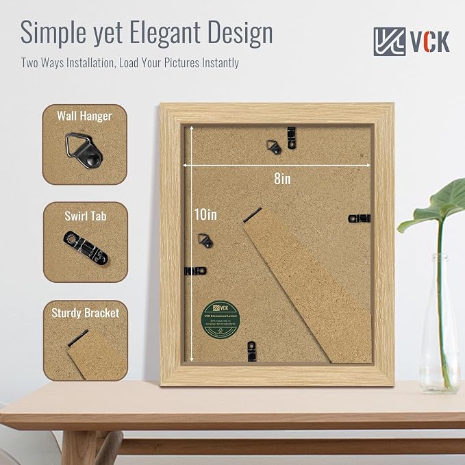 VCK 8x10 Picture Frame Set of 4 - Oak, Gallery-Quality Wood Poster Frames, 1.1-Inch Wide Border, Polished Plexiglass, Vertical or Horizontal Wall & Tabletop Display for Photo/Art/Prints, Natural Oak