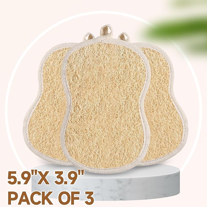 3 Pack Natural Loofah Exfoliating Body Scrubber, Biodegradable Bath Luffa Sponge, Loofas Body Scrub, Organic Loofah with Handle, Shower Loofah for Women