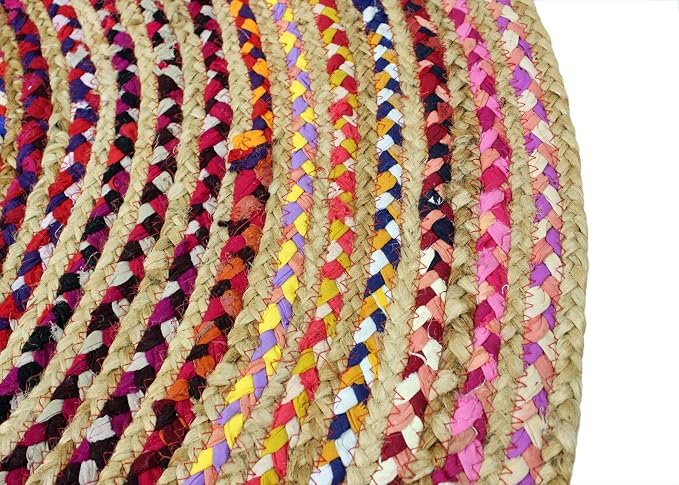 COTTON CRAFT Jute Chindi Braid Rag Rug - Boho Farmhouse Rustic Area Accent Throw Rug - Handwoven Reversible Natural Recycled Cotton - Living Room Den Study Home Décor Gift - 6 Feet Round - Multi Color