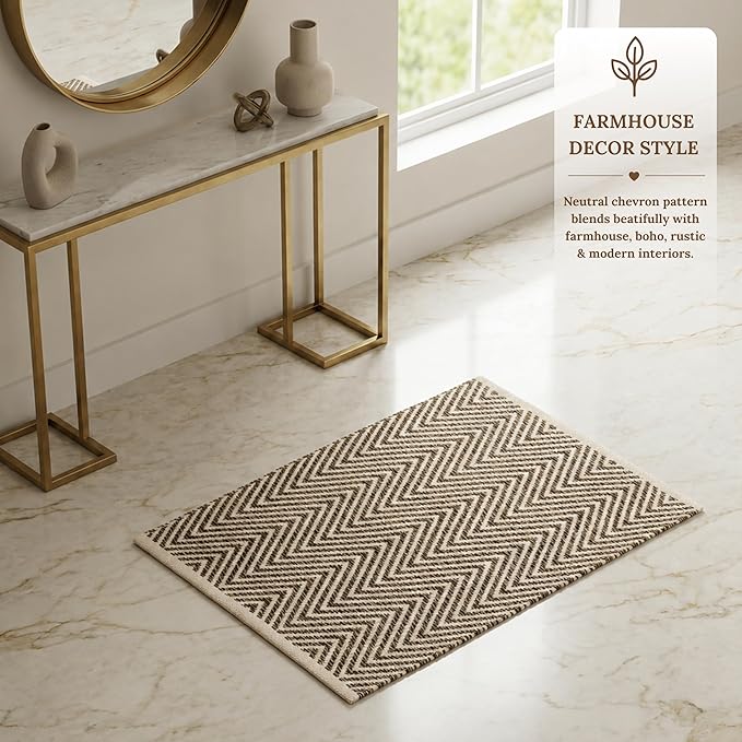 Cotton Chevron Hand Woven Area Rug 2x3 Feet - Beige, Farmhouse Decorative Floor Small Rugs Ideal for Entryway, Kitchen, Bedroom | Linen Washable Neutral Geomatric Reversible Front Door Patio Mats