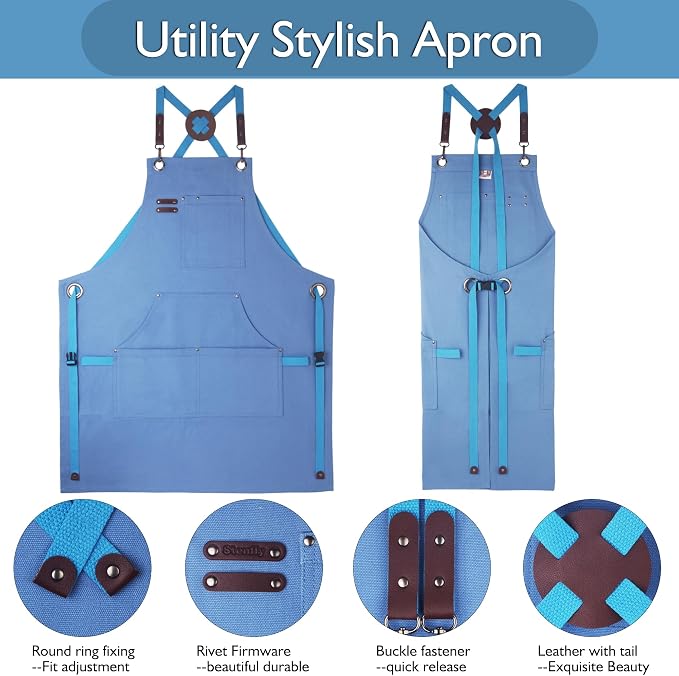 Kitchen Apron, Work Apron, Canvas Apron, SkyBlue | Multiple Pockets, Gardening, Painting, BBQ, Carpenter, Sizes M to XXL