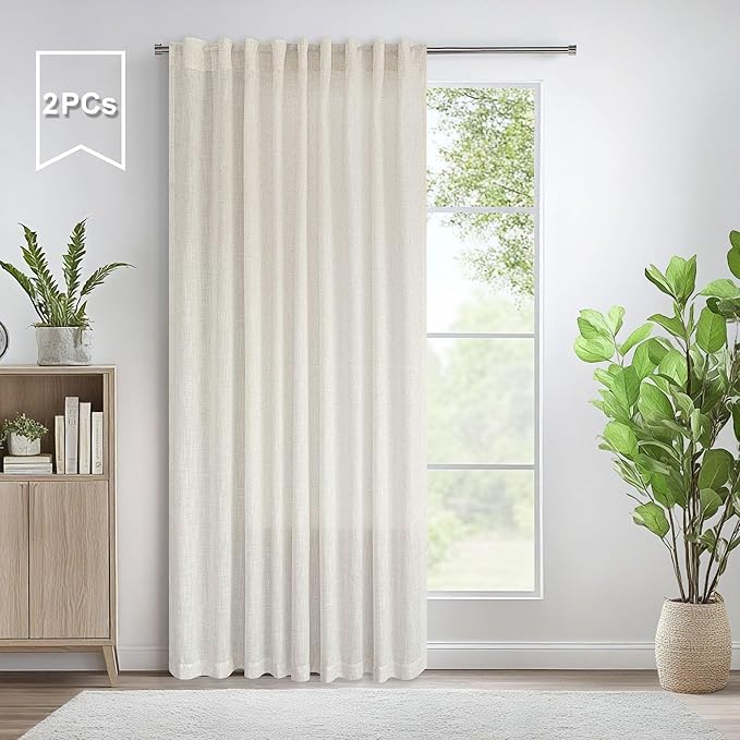 Ptialk Cream Linen Curtains 80 Inch Length for Bedroom Semi Sheer Large Drape Light Filter Extra Wide Curtain for Living Room Dining Hall 2 Panel Set Back Tab Pocket 5 FT Wide 60x80 Long Ivory Colored