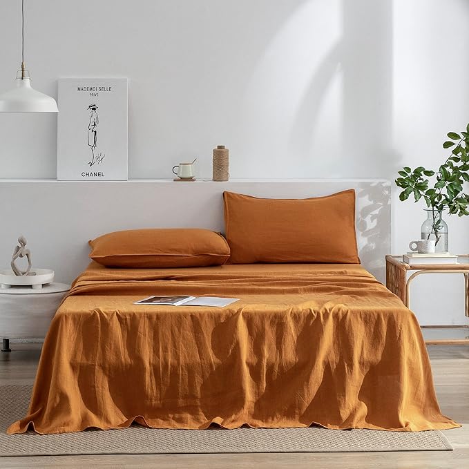 EVERLY Linen Sheets Set Full Size,100% French Stonewash Pure Linen Sheets Set,4Pieces (1Flat Sheet,1Fitted Sheet,2Pillowcase) Suitable for Hot Sleepers,16Inch Deep Pocket Natural Bedding Set-Caramel