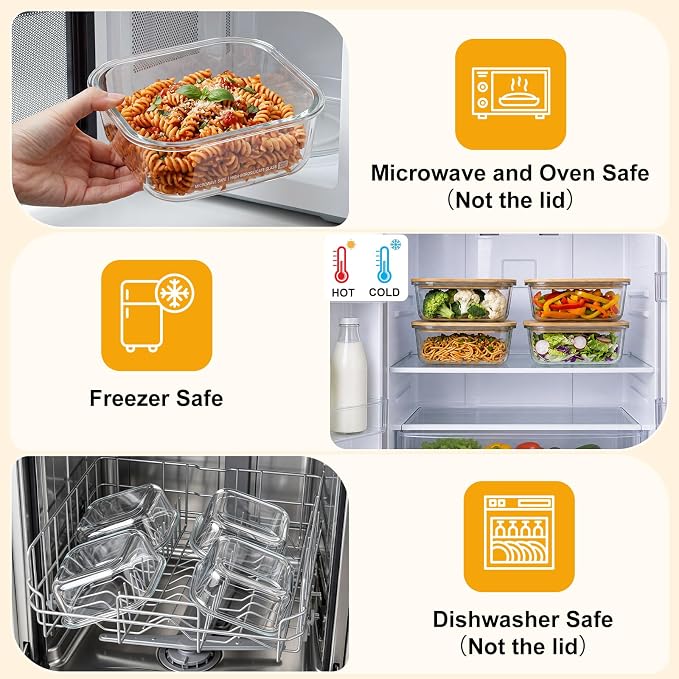 Blushtier 4 Pack 41 oz Borosilicate Glass Food Containers with Bamboo Lids, Stackable Glass Bowls for Meal Prep & Lunch, Microwave, Freezer and Dishwasher Safe
