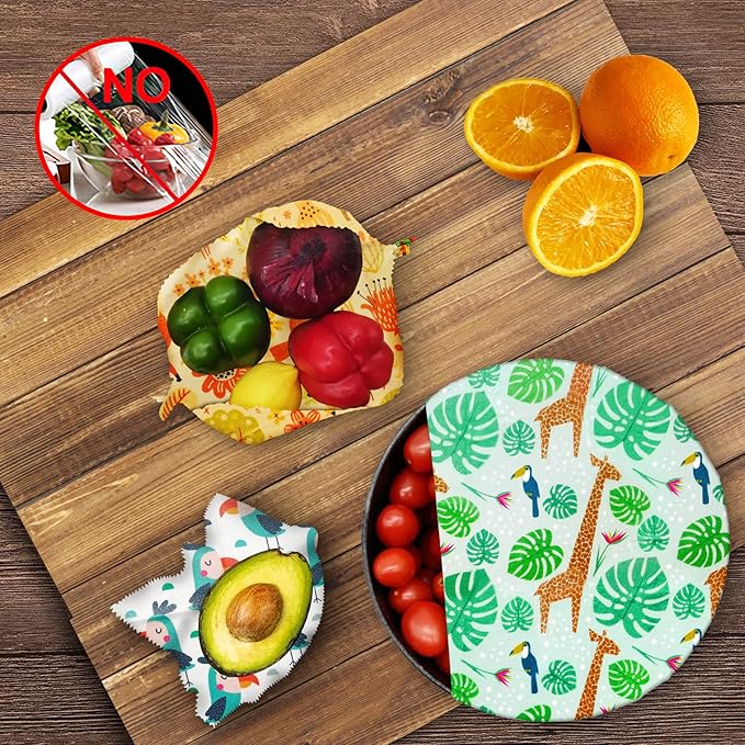 Reusable Beeswax Wrap - 9 Pack, Beeswax Wraps for Food, Eco-Friendly Beeswax Food Wrap, Organic, Sustainable, Biodegradable, Zero Waste, Plastic-Free Food Storage (1L Giraffe | 3M Fox | 5S Bird)