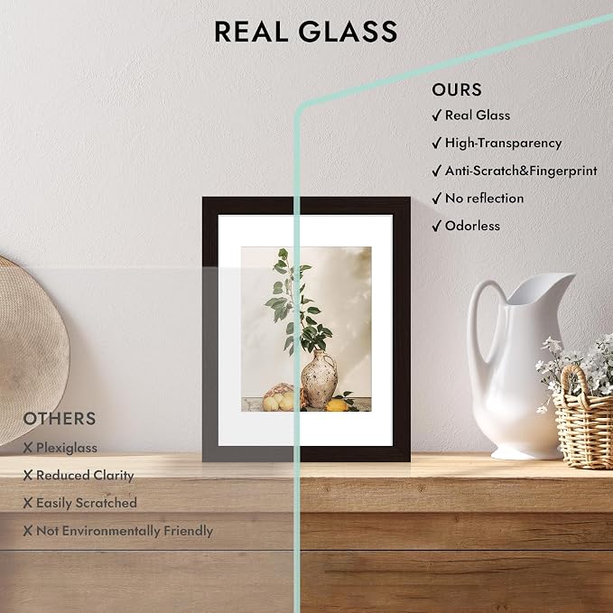 Hongkee 10x14 Oak Wood Picture Frame 1 Pack(Matted 8x12), Real Glass Cover | Black, 10 x 14 Solid Wood Frame for Wall or Tabletop Display - Includes Easel Back, Vertical Hang - Ideal for Home, Office