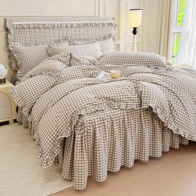 mixinni Tan Gingham Ruffle Duvet Cover Queen Size 3 Pieces – 100% Washed Cotton, Vintage Plaid Ruffled Bedding Set with Zipper Ties, Soft Cream Checkered Grid Farmhouse Chic Comforter Cover Set
