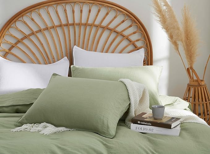 100% French Flax Linen Duvet Cover Set, Queen Size 90''x90'' 3 Pcs with 8 Corner Ties and Button Closure, Soft and Breathable for All Season (Green, Queen)