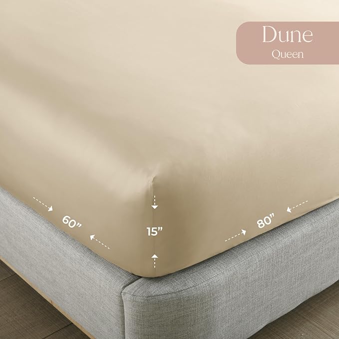 Organic Queen Fitted Sheet Only Deep Pocket - 100% Organic Cotton Sheets with Breathable 300 Thread Count Sateen Weave GOTS & Fairtrade Certified - Soft Fitted Bed Sheets Only (Dune, Queen)