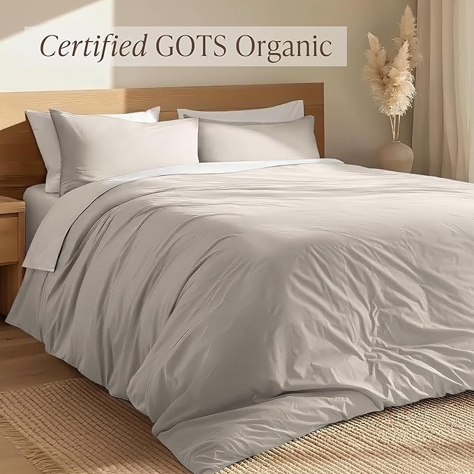 Bare Home 100% Organic Cotton Queen Duvet Cover Set - Crisp Percale Weave - Lightweight & Breathable - Cooling Duvet Cover Set (Queen, French Beige)