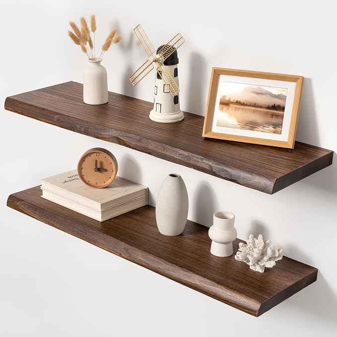 36" Live Edge Floating Shelves, Solid Elm Wood Shelf, Set of 2 | 1.4" Extra Thick, 9.3" Deep Heavy Duty Storage, FSC Certified Vintage Weathered Finish for Kitchen & Coffee Bar