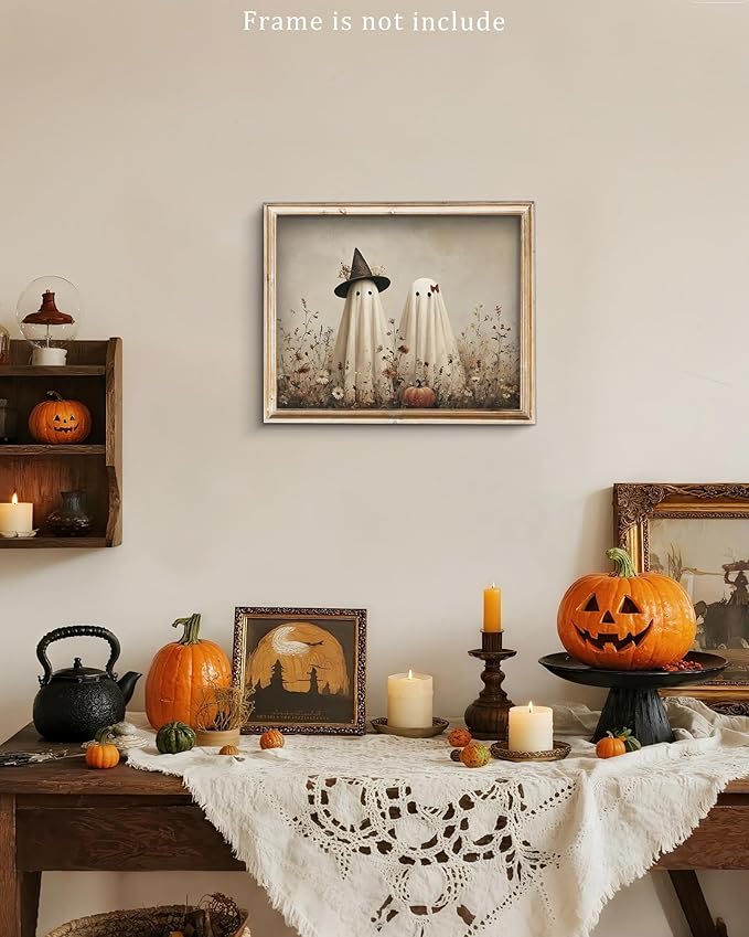 Vodefoad Whimsical Ghost Halloween Print, Two adorable ghosts in hats, Rustic halloween Cottagecore Autumn Art, Hallo ween-themed Home Decor Wall Art for Kitchens, Nurseries, and Entryway Holiday Gift - 8x10Inch Unframe