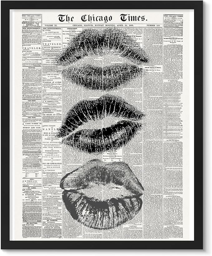 Vodefoad Trendy Newspaper Kiss Lips Wall Art Canvas Prints Disco Poster for Teen Girly Bedroom Apartment Vintage Black & White Newspaper Wall Dec Bar Cart decor -8x10 Unframed