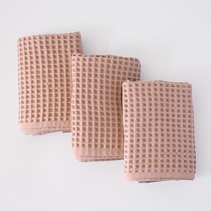 PÜSKÜL - Set of 3 Organic Waffle Hand Towel Beige - Premium Quality, 100% Turkish Cotton, Soft, Quick-Dry, Absorbent, Lint-Free Face Kitchen Hand Towels (Beige, Hand Towels - Pack of 3)