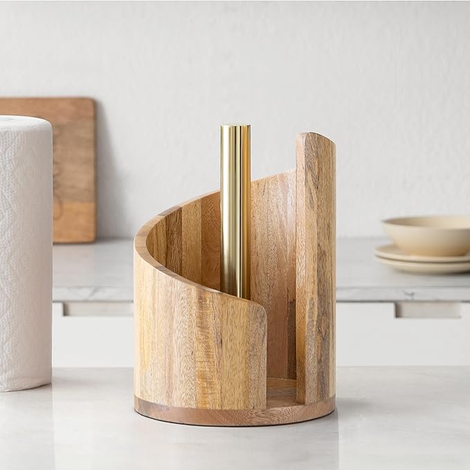 Anji Mountain Wooden Paper Towel Holder Countertop with Mango Wood Round Base and Iron Holder, Holder Stand for Kitchen Roll Organizer & Kitchen Dining Table Home Decor - Mango/Gold, Classic