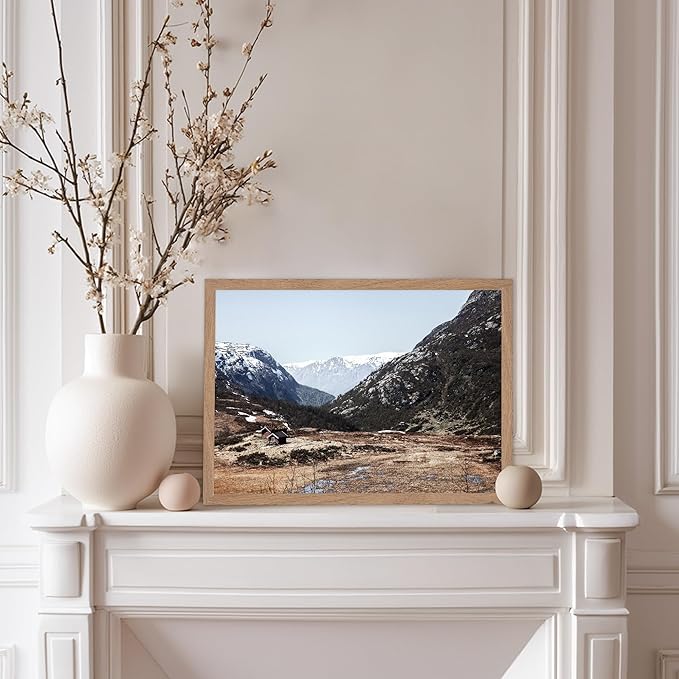 Monem Art Scandinavian Mountain Cabin Landscape Photography Print - Nordic Nature Scenic Art Poster - Wall Decor for Living Room, Bedroom or Office - 8x10 Beige Framed Wall Art by Mareike Bohmer