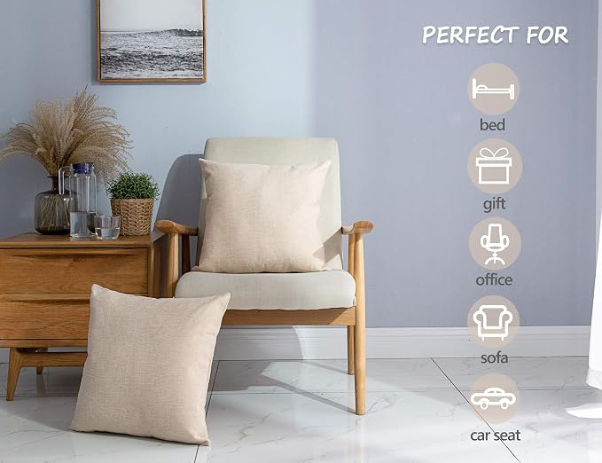 Stellhome Set of 2 Decorative Linen Throw Pillow Cover Square Burlap Farmhouse Cushion Cover for Bedroom, 20 x 20 inch (50 cm), Beige