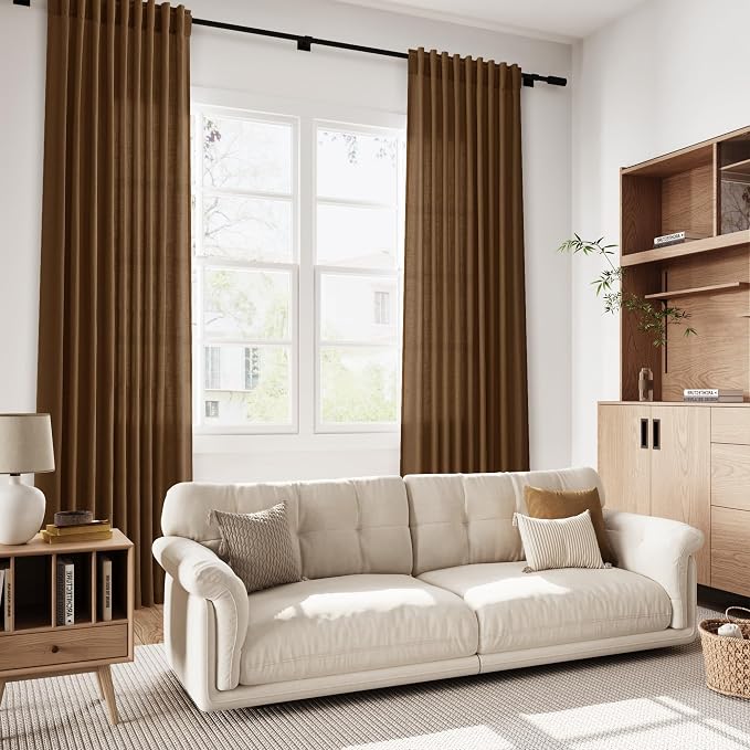 Nanspring Tobacco Brown Linen Curtains 72 inch Length for Living Room Back Tab Rod Pocket Semi Sheer Modern Farmhouse Coastal Decor Cotton Textured Gauze Curtain for Dining Room Office 52x72