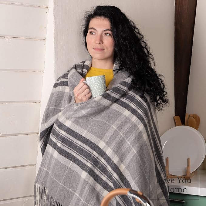 LYHome Cashmere Blanket with Merino - Luxury Wool Throw Soft Cozy and Warm, Decorative Throws Couch Bed Sofa, Warmest Blankets for Travel Camping & Cold Weather 55x79, Grey - Dark Grey - White Tartan