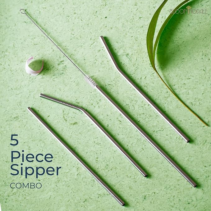 Bloomingdale Straw Reusable Stainless Steel Straw with Cleaning Brush- Long Metal Straws for Drinking Juice, Smoothie, Beverage, Reusable Set of 5 (2- Bend Pipe, 2- Long Straw, 1-Cleaning Brush)