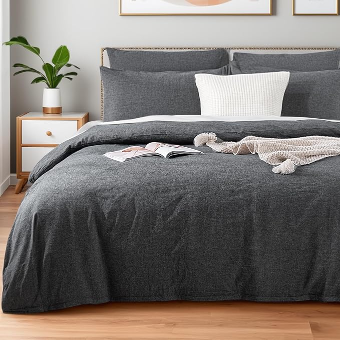 NEXHOME PRO Duvet Cover Twin 100% Washed Cotton, Heathered Black Breathable, Durable, Textured, Linen Like, Home Bedding Set 68"x90"
