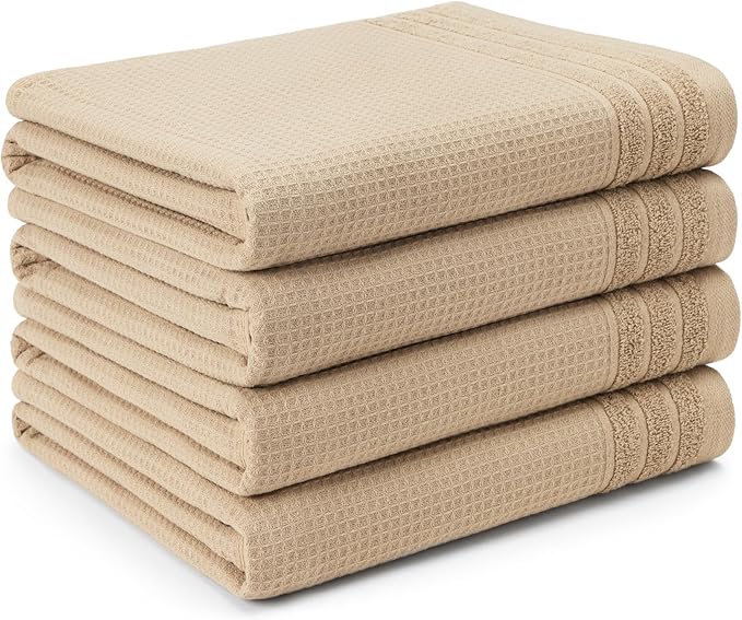 Town & Country Basics 4-Piece Waffle Woven Terry Stripe Bath Towel Set, 30x56-Inch, 100% Cotton, Quick Dry, Taupe