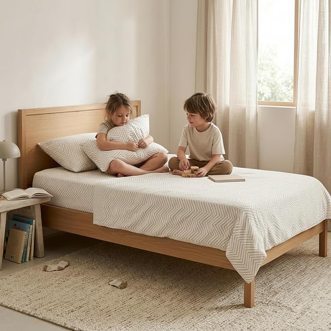 MakeMake Organics Organic Sheet Set Queen (4 Piece) GOTS Certified Organic Cotton Sheets 300 TC Sateen Soft Fitted Sheet Flat Sheet Pillow Cases Toddler Kids (Herringbone)