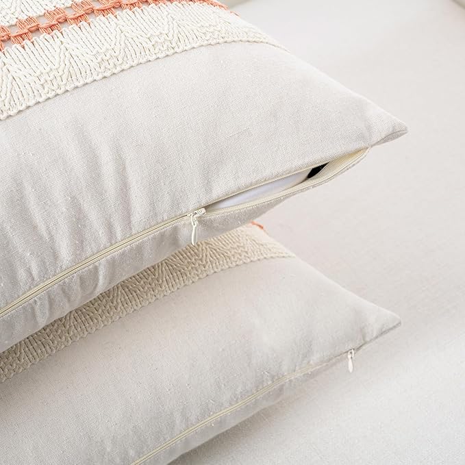Fancy Homi Set of 2 Boho Coral Long Lumbar Decorative Throw Pillow Cover 14x24 Inch for Couch Bed Sofa Chair, Modern Organic Farmhouse Home Decor, Soft Cotton Cute Accent Rectangle Cushion Case