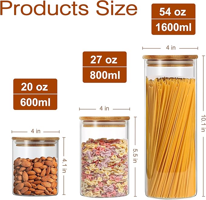 YMMIND Glass Food Storage Jars Set of 5 with Bamboo Lid Airtight Glass Storage Canister, Cylindrical Kitchen Clear Food Storage Container Jar, for Pasta, Coffee, Cookies, Nuts, Cereal, Oats, Flour