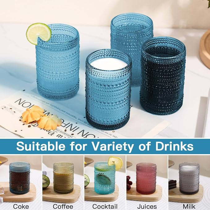JOVGANK Blue Vintage Hobnail Drinking Glasses Set of 6, Water Tumbler 15oz, Kitchen & Bar Beaded Highball Glasses, Beverage Glass Cups for Water, Beer, Juice, Gift for Housewarming and Mother's Day