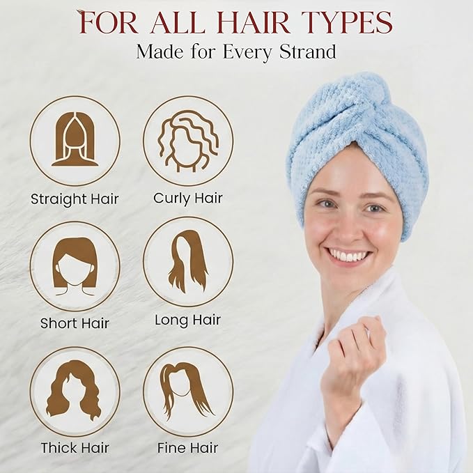 2 Pack Microfiber Hair Towel Wrap for Women 26 x 10 in | Hair Drying Towel with Button and Band | Hair Turban Towel Quick Dry Waffle Coral Fleece Head Towels (Pink + Blue)